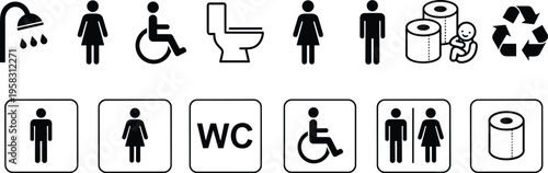 Public restroom icons set with male female disabled access shower toilet paper and baby changing station symbols for washroom signage wayfinding and bathroom navigation