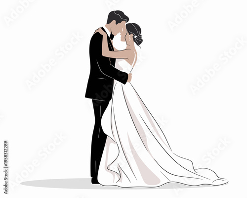 Elegant wedding couple illustration in a minimalist artistic style featuring a romantic bride and groom embracing closely during their matrimonial ceremony or rehearsal representing love marriage and 