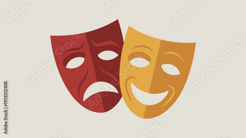 Iconic comedy and tragedy theater masks representing drama acting performance concept with joyful happy and sad sorrowful expressions isolated on a simple plain background for artistic entertainment d