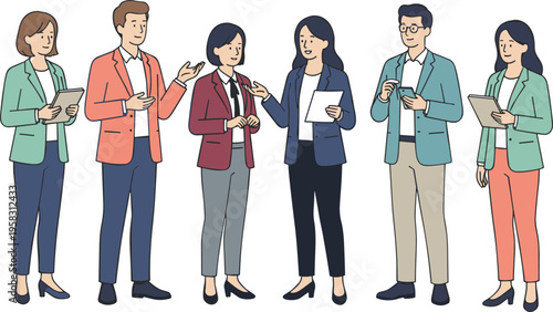 Diverse group of business professionals in colorful blazers holding tablets and documents while engaged in conversation isolated on white.