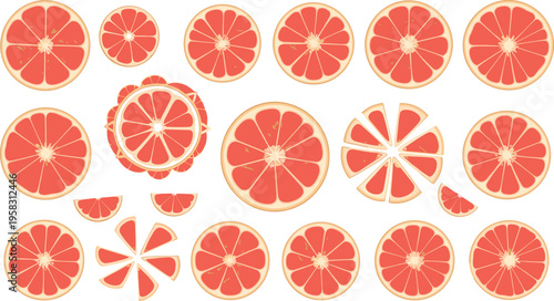 Grapefruit slice vector set with round citrus cross sections and segments, fresh juicy fruit collection isolated on white background, flat illustration pack