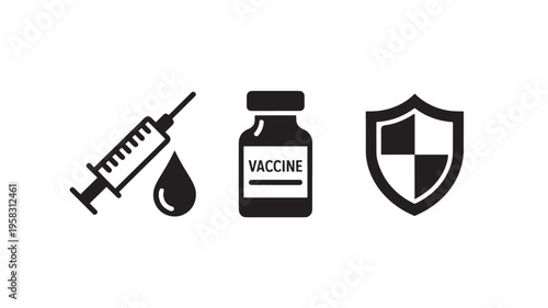 Vector Illustration Of Syringe, Vaccine Bottle, And Shield For Healthcare And Immunization Concept Medical Health Isolated On Transparent Background