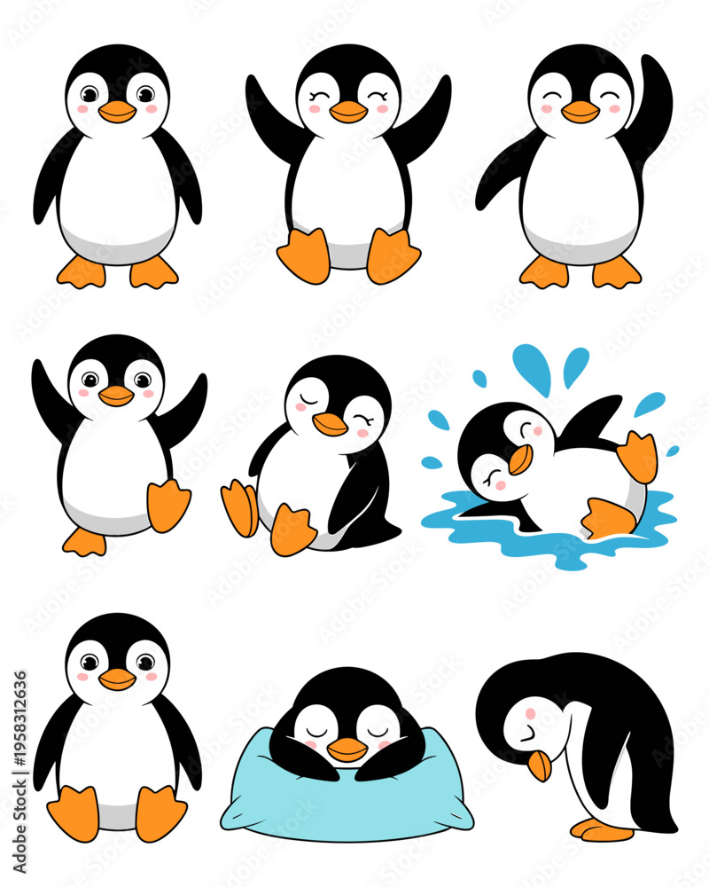 Obraz premium Cute cartoon penguin character set featuring various funny poses including jumping swimming and sleeping on a blue pillow for kids nursery decor preschool education projects or fun winter holiday desi