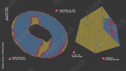 Geometric Shapes Set With Vector Bitmap Dithering Texture.