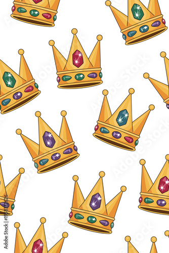 A vibrant seamless pattern featuring ornamental golden crowns with faceted colorful gemstones on a clean white background, royal symbol wallpaper design for luxury branding, festive party goods, or fa