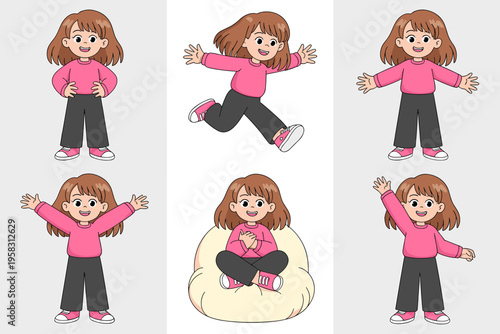 Set of cute young girl character illustrations showing various poses like standing hands on hips jumping running spreading arms or sitting on a bean bag chair vector art for educational or kids projec