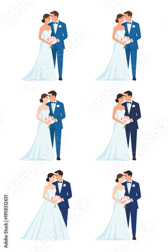 Set of elegant wedding couple illustrations features bride in white gown and groom in blue suits for marriage celebration design projects representing romance companionship partnership romantic vow co