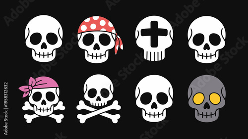 Set of artistic cartoon skull icons with pirate bandanas and crossbones isolated on a dark background for fun Halloween design projects, goth fashion apparel prints, vector graphic motifs, or spooky d
