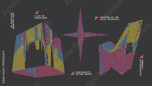 Geometric Shapes Set With Vector Bitmap Dithering Texture.