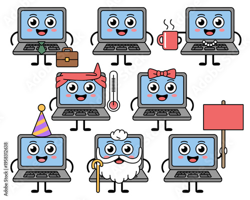 Set of cute happy cartoon laptop characters expressive notebook mascot icons with various props including necktie briefcase thermometer party hat and coffee cup for modern educational technology desig