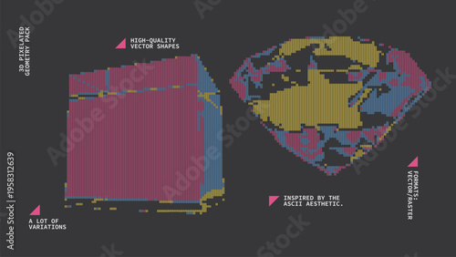 Geometric Shapes Set With Vector Bitmap Dithering Texture.