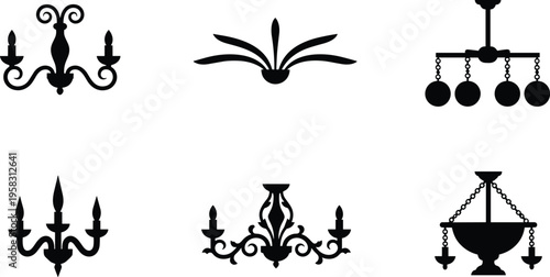 Vintage chandelier and luxury wall sconce silhouette icons set featuring classic lighting fixtures elegant home decor hanging lamps antique candelabra and modern interior illumination symbols