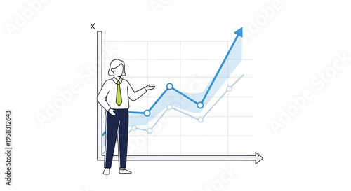 Business professional presenting upward trending financial graph data analysis.