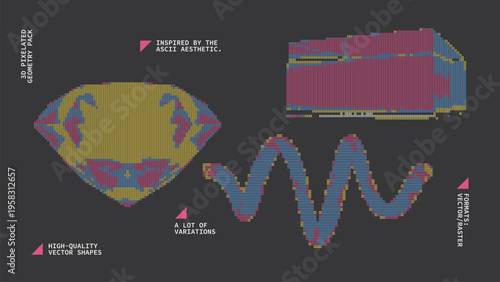 Geometric Shapes Set With Vector Bitmap Dithering Texture.