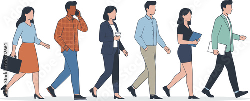 Diverse set of young professionals and commuters walking with laptops, briefcases, and coffee isolated on white background.