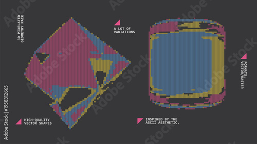 Geometric Shapes Set With Vector Bitmap Dithering Texture.