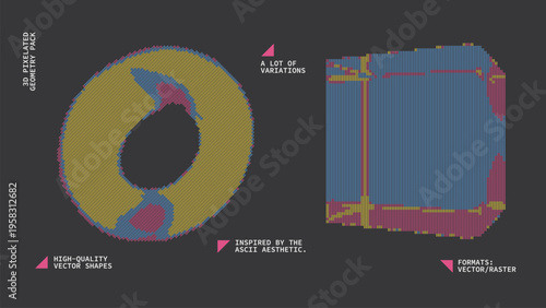 Geometric Shapes Set With Vector Bitmap Dithering Texture.