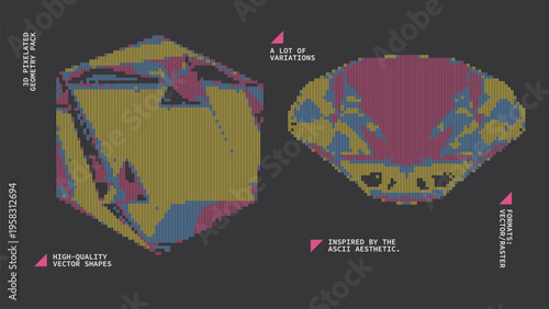 Geometric Shapes Set With Vector Bitmap Dithering Texture.