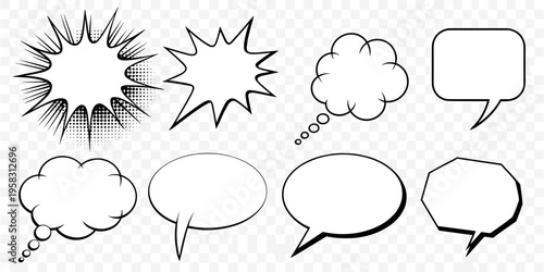 Set of eight isolated comic speech bubbles featuring diverse shapes like explosion bursts, thought clouds, and rectangular message boxes with bold outlines, perfect for graphic design communication pr