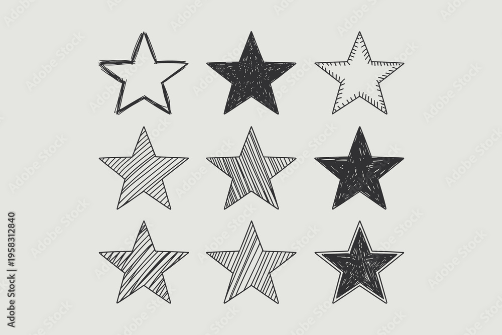 Fototapeta premium Set of nine hand drawn stars illustrated in various creative sketch styles featuring rough ink outlines, cross-hatching, scribbled textures, and solid black fills perfect for kids design or creative p