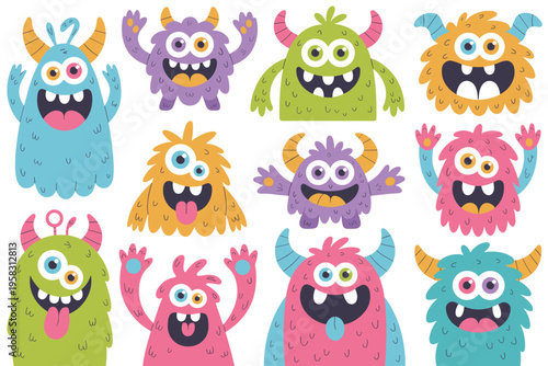 Set of cute friendly monsters clipart collection featuring colorful furry whimsical fantasy creatures with horns and funny faces for kids party invitations nursery decor stickers scrapbooking party su