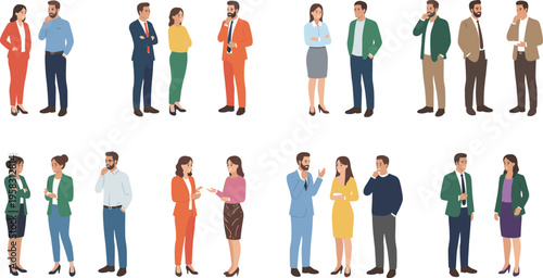 Large collection of diverse business professionals in pairs and small groups engaged in conversation and collaboration isolated on white.