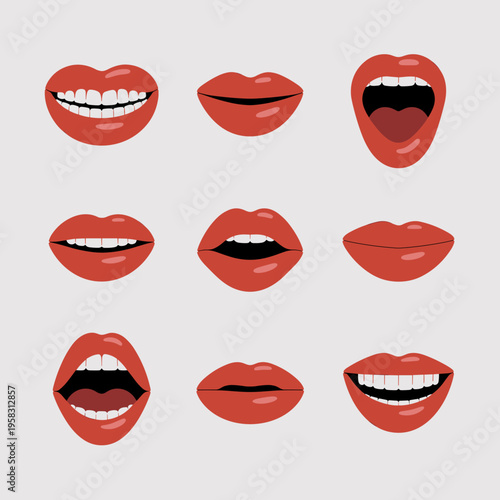 A comprehensive set of diverse red lips icons showing various facial expressions and toothy grins for character design projects, beauty industry advertising, wellness communication, or creative graphi