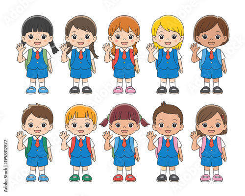 Diverse group of happy schoolchildren standing in a row waving hands, friendly pupils wearing blue uniforms and carrying colorful backpacks, small students ready for primary education, educational con