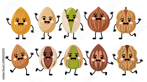 Set of cute happy nut characters with funny faces, friendly almonds, walnuts, hazelnuts and pistachios animated mascots dancing on white background, cartoon vector illustration for healthy snack desig
