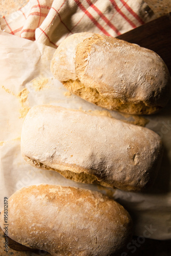 Golden brown ciabatta bread loaves fresh from the oven, dusted with flour and placed on parchment paper. Rustic homemade bakery scene with warm tones and soft textures.