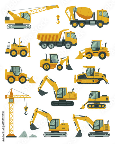 Comprehensive collection of yellow heavy construction machinery isolated on white background, featuring various industrial vehicles like excavators, cranes, dump trucks, and mixed equipment for engine