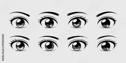 Set of eight stylized anime manga eye illustrations featuring diverse iris patterns and expressive eyebrow shapes for character design projects animations comics digital art and creative graphic portf