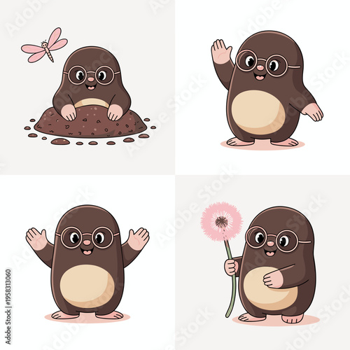 Set of cute friendly mole characters in different poses for children vector illustration featuring a digging mole with a dragonfly a happy waving mole a cheering mole and a mole holding a delicate flo