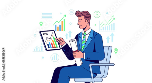 Businessman Analyzing Financial Charts on Tablet and Document.