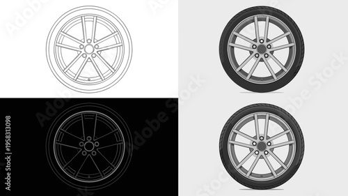 Modern car wheel rim vector set featuring diverse design styles including line art outline drafts and finished shaded automotive alloy wheels for mechanical engineering design automotive industry grap