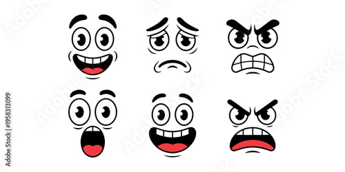 A set of cartoon face expressions featuring various emotions like happy joy sadness anger shock surprise and laughter created in a flat minimalist vector graphic style suitable for emoticons avatar ic