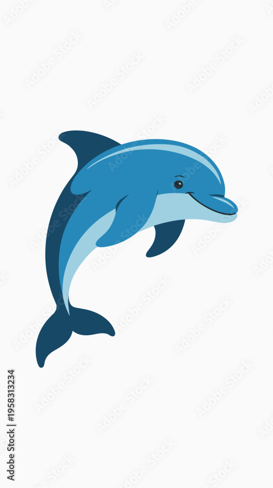 Obraz premium A cute friendly blue dolphin illustration leaping through the air with a happy expression for marine life education children books aquatic ocean themes summer vacation mascot vector design graphic ass