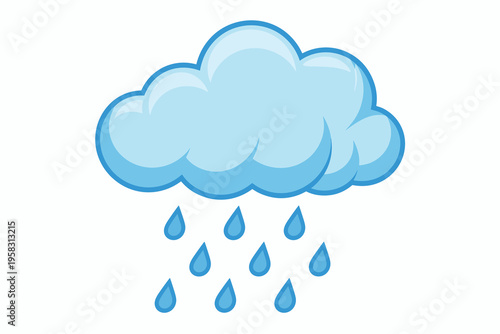 A charming 2D vector graphic of a cute light blue rain cloud featuring falling water droplets for weather forecasting apps, meteorological education diagrams, nursery wall art decor, or nature icon de