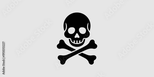 A high contrast black skull and crossbones icon representing danger, hazard warnings, death, and toxicity on a minimal light grey background for industrial safety signage, chemical labeling, or web de