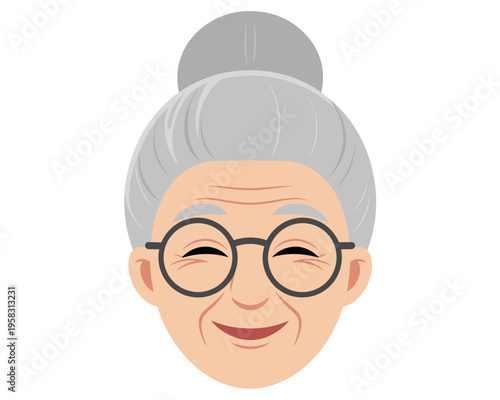 An elderly grandmother illustration featuring a smiling senior woman with grey hair in a bun wearing round glasses isolated on white background perfect for greeting cards, storytelling or family proje