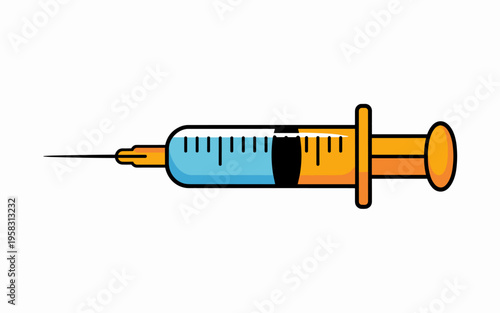 Minimalist digital illustration of a medical syringe filled with blue liquid medicine for immunization injection or pharmacological treatment in healthcare clinics, hospital research diagnostics desig