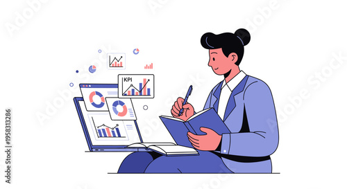 Businesswoman analyzing financial data and taking notes.