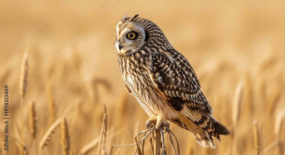 Fototapeta premium Alert short eared owl with intense golden eyes perched in a sunlit field