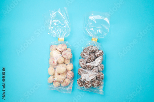 chocolate eggs candies in plastic bag, Easter eggs