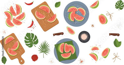 Guava slices and serving vector set with cutting boards, plates and tropical fruit pieces, fresh food composition collection isolated on white background illustration