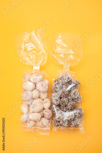 chocolate eggs candies in plastic bag, Easter eggs