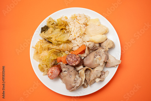 Cozido a portuguesa, Portuguese dinner, traditional Portuguese stew with boiled meat, sausages and vegetables