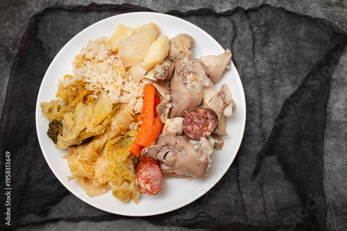Cozido a portuguesa, Portuguese dinner, traditional Portuguese stew with boiled meat, sausages and vegetables