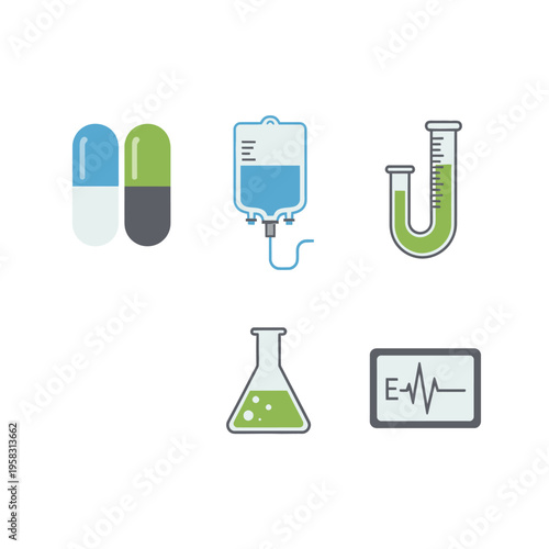 Medical Icons: Pills, IV Drip, Test Tubes, Flask, ECG Monitor