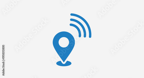 Blue location pin icon with wi-fi signal waves on a light grey background